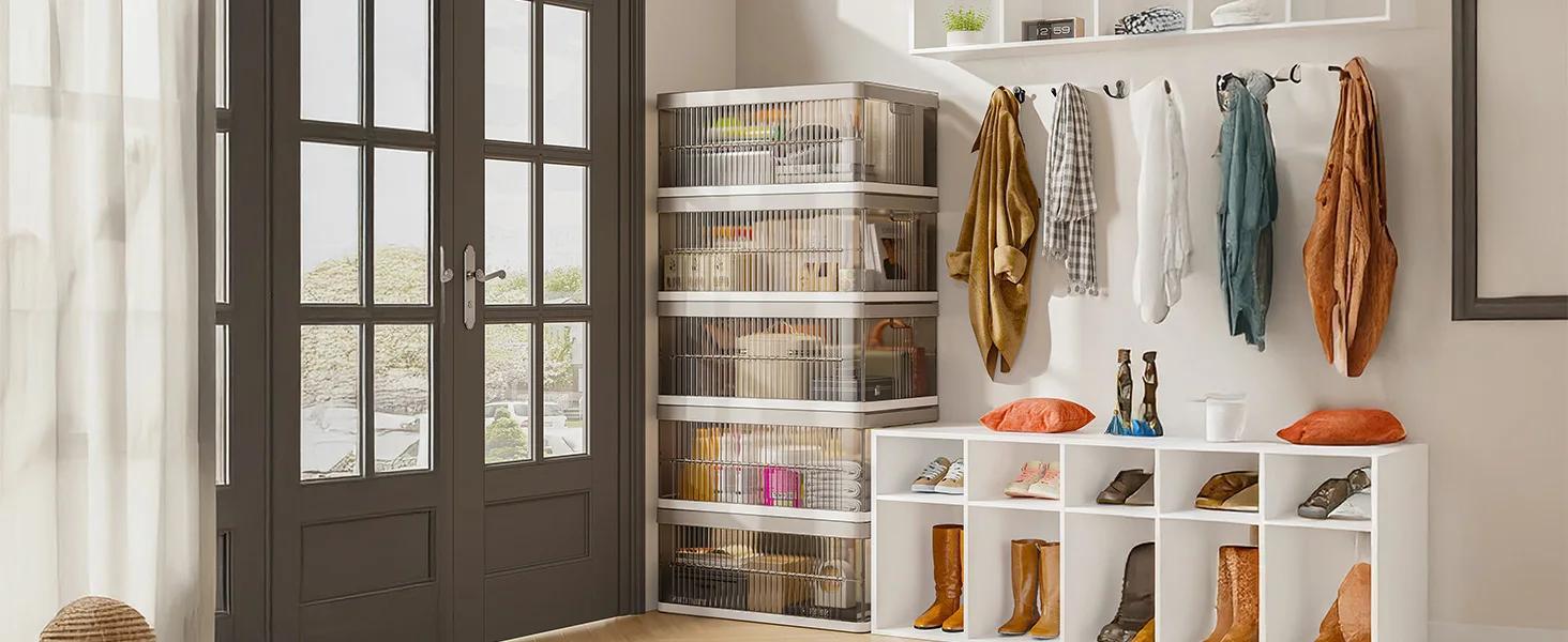 [24H Online Help]Raybee 1–5 Tier Clear Plastic Storage Bins with Lid, Foldable & Stackable Collapsible Storage Boxes, Dustproof Organizer Bin for Closet, Pantry, Bedroom, Living Room, Apartment, Dorm, Space Saving Organization Solutions for Home Furniture