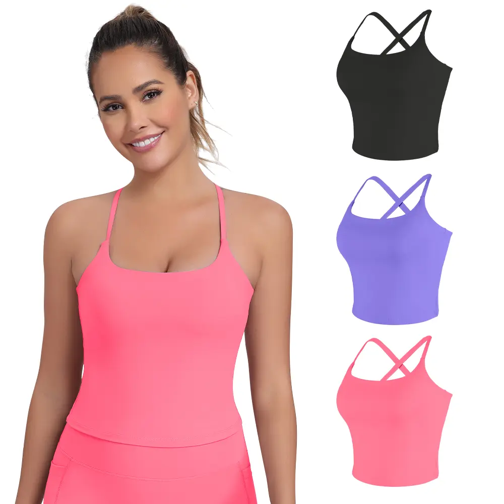 【3-PACK 1-DEAL】3PCS Bulit-in Bra Crop Tank Top Longline Sports Bra - Scoop Neck & U Back Workout Crop Tank Top with Built-in One-Piece Bra Pads Yoga Wear Fitness Yoga Gym Activewear Yoga Clothes