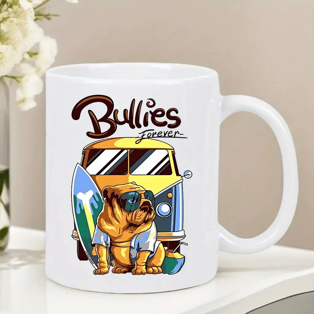 1pc, 11oz Bullies Forever" White Ceramic Coffee Mug with Bulldog & Surfboard Design - Durable, Reusable, Dishwasher Safe - Ideal Gift for Men & Women, Perfect for Hot & Cold Beverages, Office or Home Use, Coffee Cup