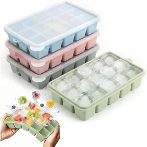 Tray with Lid, 4 Pack Stackable  Trays for Freezer, Easy Release 15 Cubes Square Ice Molds for