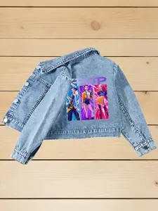 Girls' Fashion Kpop Cartoon Denim Jacket, Casual Outerwear, Girls' Gift, Stylish Kpop Print, Suitable for All Seasons