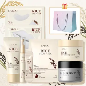 LAIKOU Rice Extract Radiance Essentials Kit, 8-In-1 Brightening and Hydrating Skin Solution with Moisturizing Cream, Glow Mask & Lip Treatment, Gentle Hydration & Pore Refining System for Uneven Skin Tone