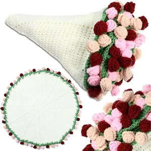 Rose Crochet Knitted Blanket - 33.5 inch Finished  White Brown Floral Bloomie Bouquet Blanket for Women Birthday  Anniversary Wedding Party Favors