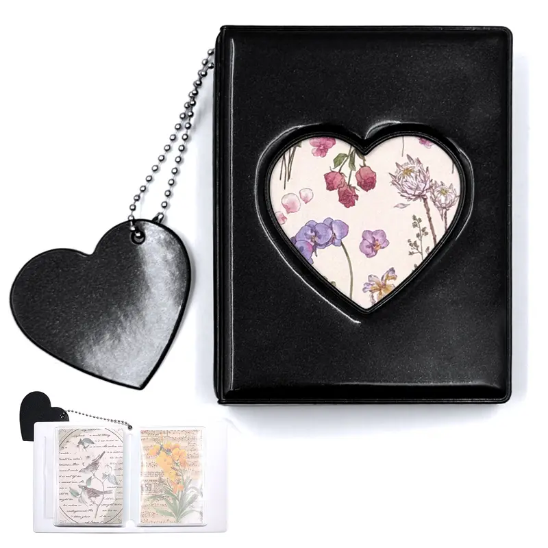 3 in Normal PVC Classic Mini Black Scrapbook Photo Album - 32-Pocket Binder with Love Heart Pendant, Kpop Photocard/ID/Ticket Holder, 0-50 Pages Practical Home Decor Gift for Christmas, Baby Shower