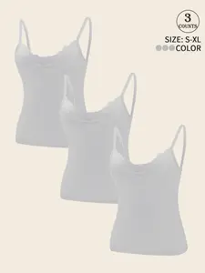 3-Pack Solid Color Sexy Lace-Trim Spaghetti Strap Sleeveless Women's Camisole Tops, Non-Slip Breathable Vest, Casual Wear for Indoors and Outdoors, Casual Tank Tops