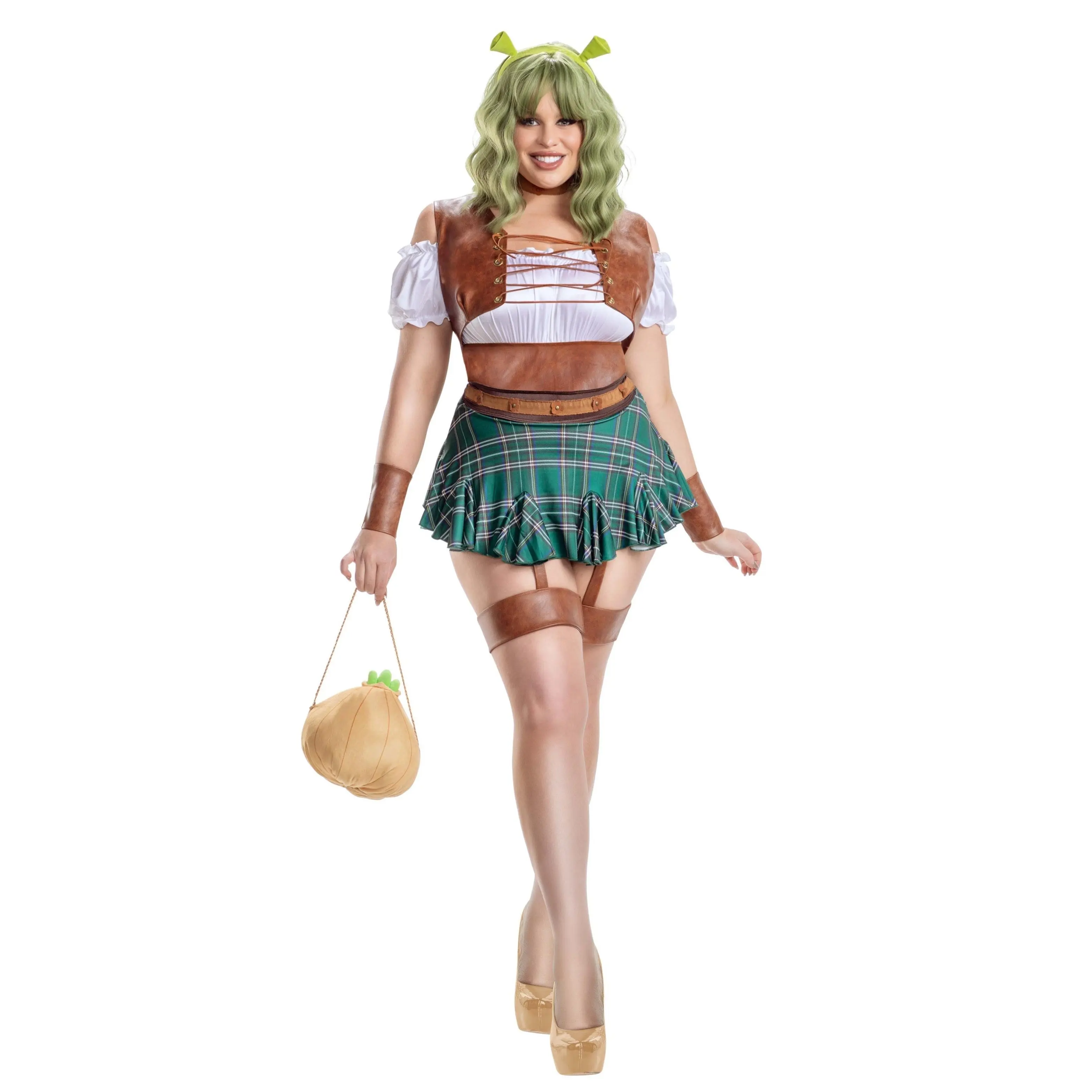 Women's Plus-Size Swamp Ogre Halloween Costume with Accessories, Teddy, Stockings, and Matching Clothes