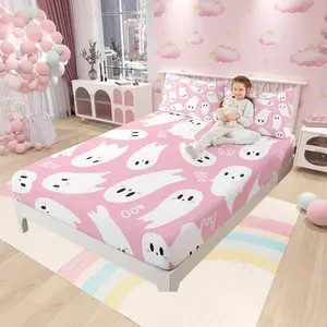 Happy Halloween Fitted Sheet Cartoon Ghost Pink White Sheet Set for Men Women Adults Bedroom Decor Watercolor Print Ultra Soft Bed Cover