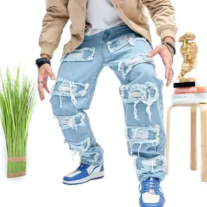 Men’s loose-fit jeans; men’s carpenter denim pants; stylish hip-hop ripped patch wide-leg casual pants; streetwear male casual straight denim trousers; menswear; underwear; human pocket; beige; plain solid