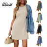 WIHOLL Women's Basic Soft Comfortable Fabric Casual V-Neck Sleeveless Fit Tank Dress - Summer Sundress with Spandex, Stylish Everyday Feminine Wear for Going Out, Beige