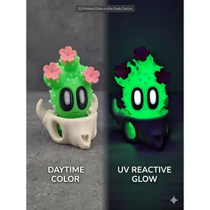 Bloblab Flower Cactus - Blooming Glow-in-the-Dark Delight with Pink Blossoms & Expressive Cartoon Eyes in Stylish Brown Pot