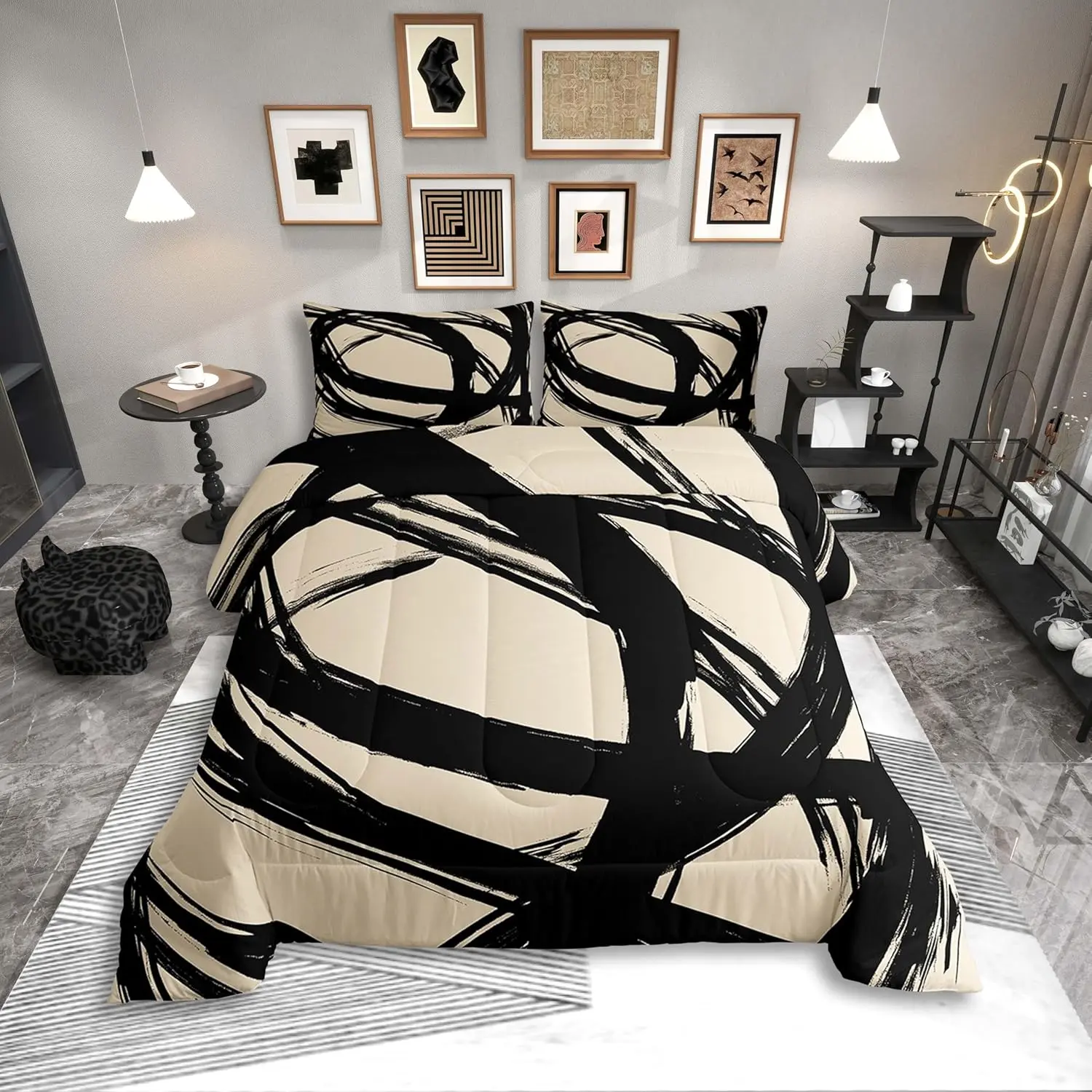 Feelyou Black and Beige Abstract Comforter Set - Graffiti Stripes, Geometric Lines Bedding Set with Aesthetic Duvet Insert for Minimalists, Ideal for Minimalist Bedrooms, Minimalist Bedroom