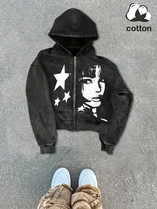 Men Women Fall Winter Casual Vintage Sweatshirt Hoodie, Premium Washed Cotton Fabric, Star Print Design, Urban Youth & Leisure Wear
