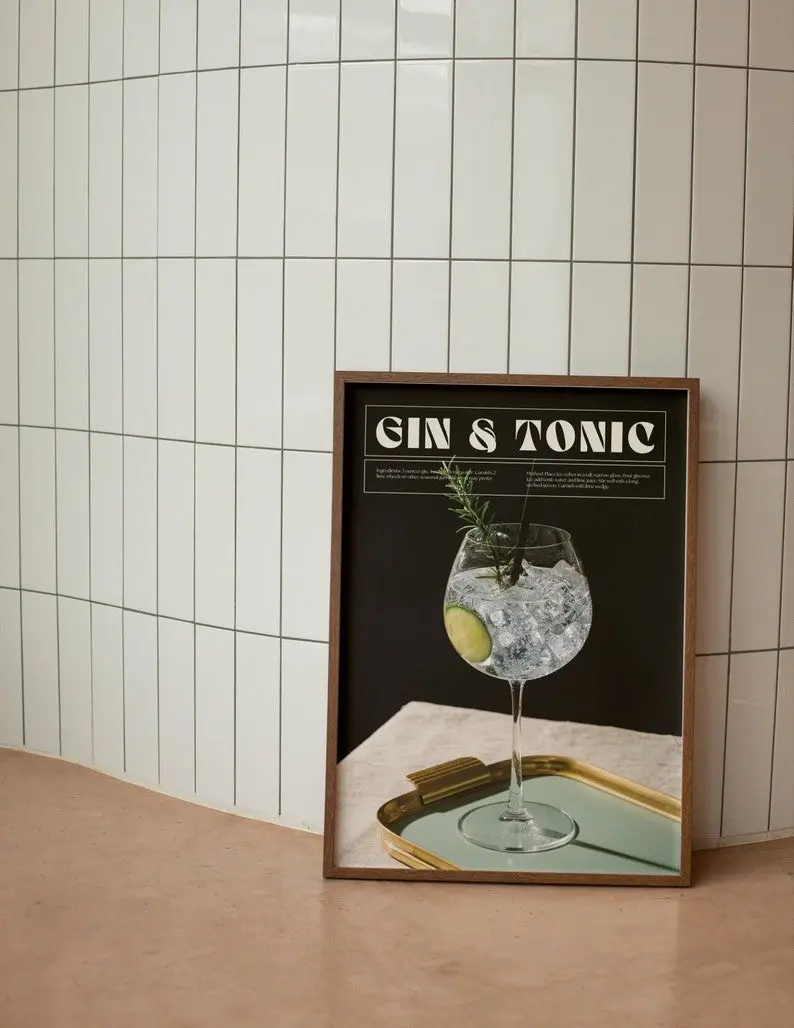 Gin Tonic Poster Alcohol Prints Aesthetic Bar Cart Wall Art Retro Cocktail Poster Drink Print Funky Kitchen Wall Decor Wall Art