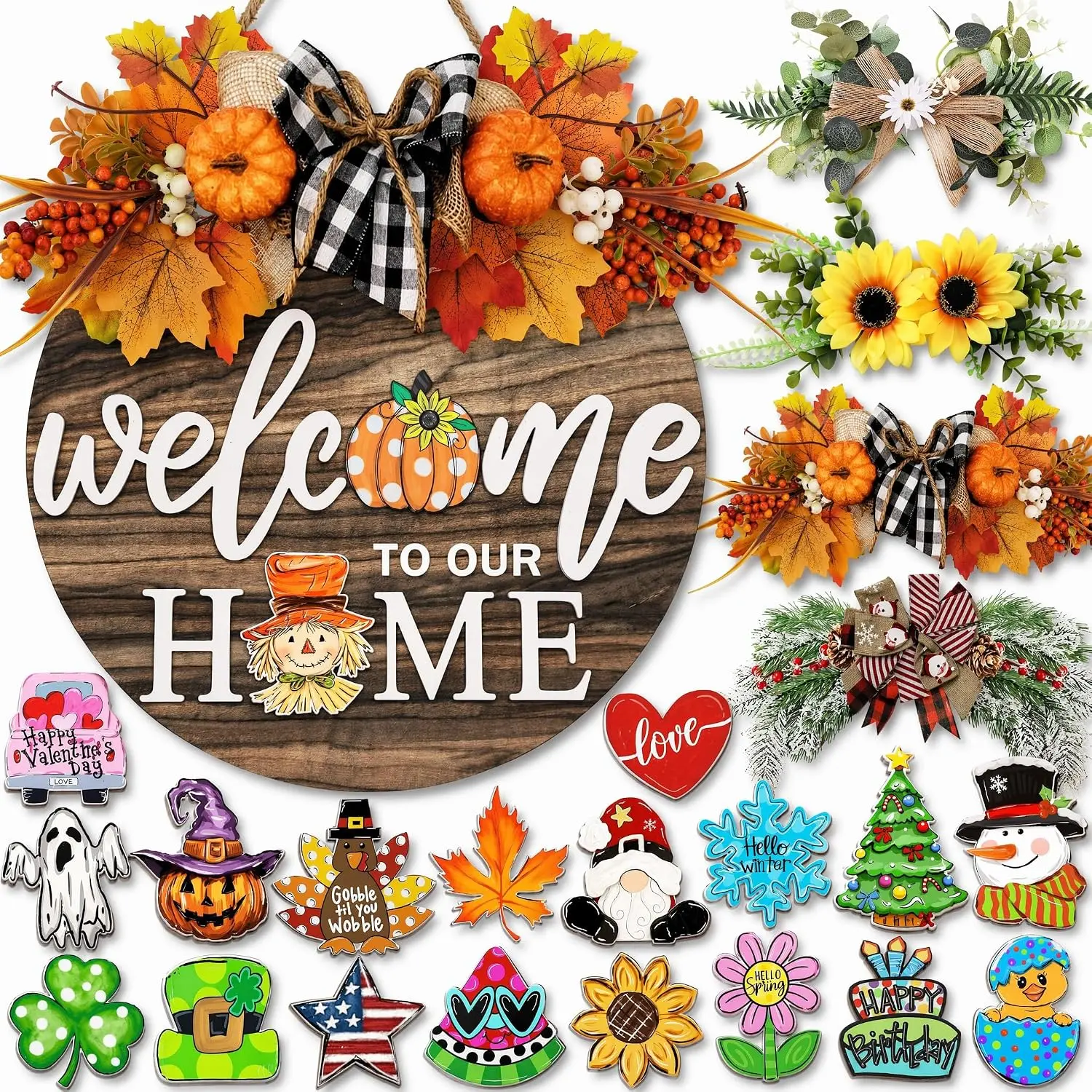 12x12 in Wood Interchangeable Front Door Welcome Sign - 4 Seasonal Wreaths, 21 Changeable Icons (Cake, Maple Leaf, Snowman, Gnome), Farmhouse Rustic Outdoor Porch Decor, Christmas Housewarming Gift for Home