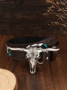 Western Style Cowboy Belt for Men and Women, Concho Western Belt, Casual Belt, Feather Embossed Design, Vintage K Large Horn Trendy Accessory
