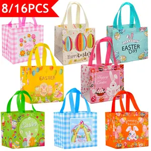 8/16 Pcs Easter Gift Bags with Handles, 8.2"x7.9" (20.5*20cm) Non-Woven Reusable Tote Bags for Egg Hunt & Party Favors, Assorted Pink/Peach Animal Designs (Bunny, Chick) - No Lining, Casual Style