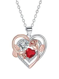 Rose Heart Pendant Necklace, High-End Fashion Rose Gemstone Jewelry, Stainless Steel Chain, Casual Style, All Seasons Wear, Daily Wear Necklace, Love Heart Necklace, Exquisite Jewelry Gift