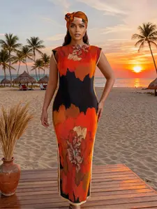 Women's Floral Print Wrap Dress Set, Elegant Slim-Fitting Long Robe Shawl + Silk Scarf, Beach Sun Protection Cover-Up