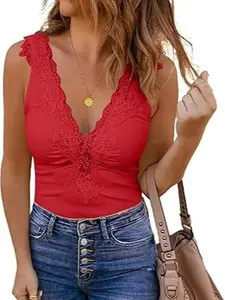 Imily Bela Women's Lace Patchwork Deep V Neck Sleeveless Knitted Tank Top for Summer Casual Wear