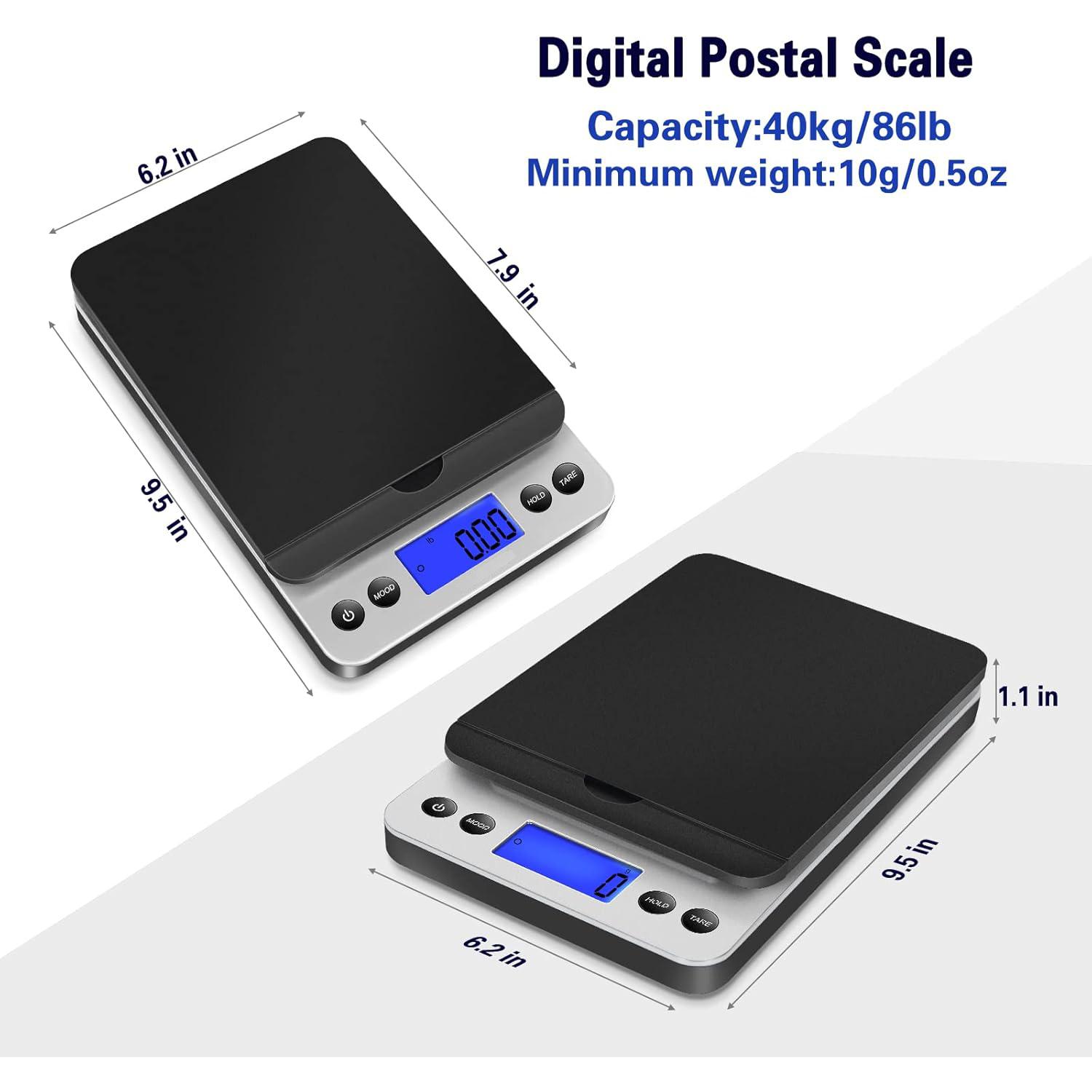 40kg/5g 86lb/0.1oz High Accuracy Digital Shipping Scale, Postal Postage Scale with Flip up Holder & Hold/Tear Function, Package Scale for Small Business & Mails, Battery & AC Adapter Supported
