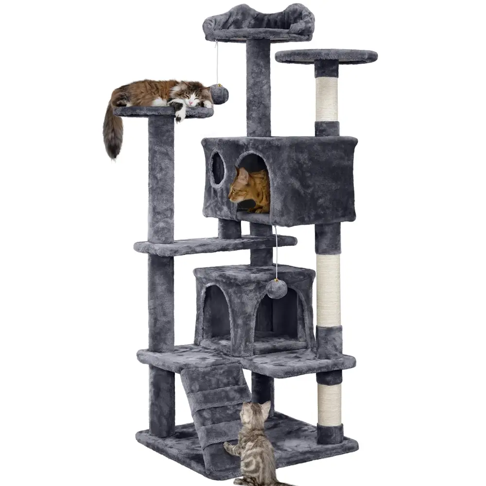 【All Size】Yaheetech 54in Cat Tree Tower Condo Furniture Scratch Post for Kittens Pet House Play Cat Tower w/ 2 Condos & 2 Dangling Balls & 3 Scratchi