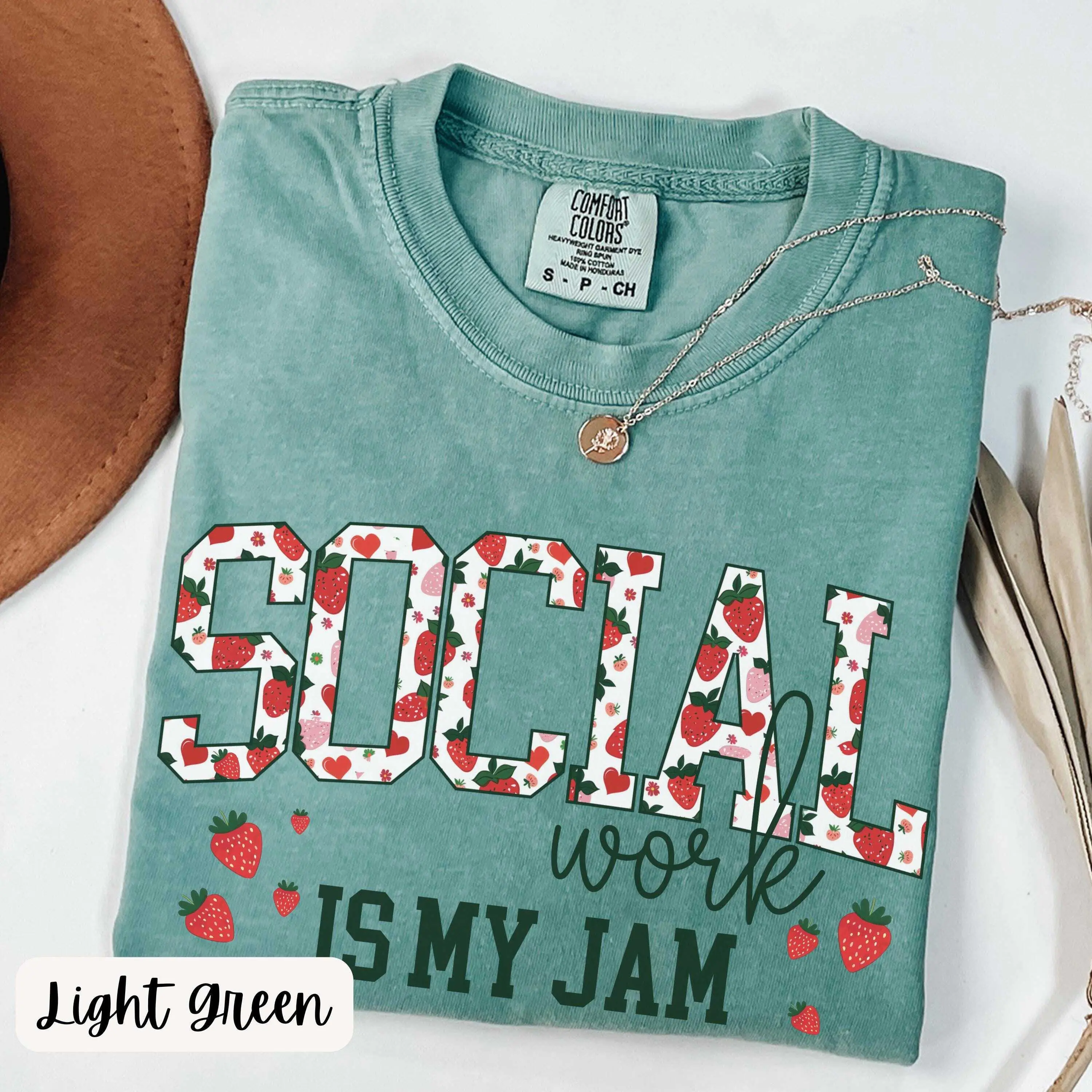 Comfort Colors Strawberry Social Worker Shirt - Social Work Is My Jam Gift for School Counselors & Therapists tshirt Fabric Top Womenswear Fit