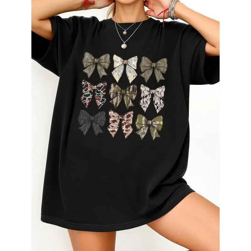 Women's Casual Camo Bow Tie Printed Crewneck Cotton Short Sleeve Breathable Tee - Spring/Summer Loose, Machine Washable, Comfort Fit, Easy Go-To for Daily Wear, Tshirt