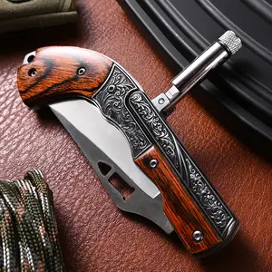 Multifunctional camping knife, vintage carved non-slip wooden handle, suitable for home cutting of meat, vegetables, and peeling fruit, outdoor camping and BBQ use, the best gift for family and friends on Christmas and Thanksgiving!