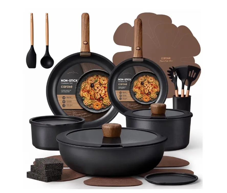 24-Piece Nonstick Cookware Set, Pots and Pans Set with Detachable Handle, Induction Compatible, Oven & Dishwasher Safe, Black