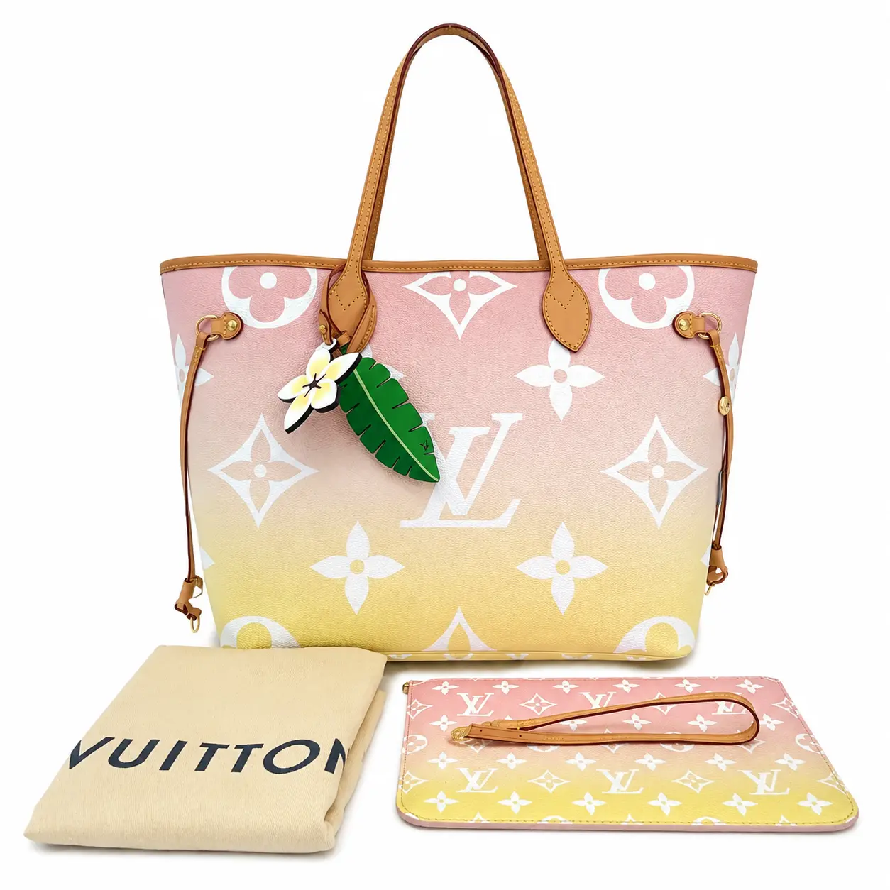 Pre-owned Louis Vuitton Neverfull MM pp2ymc050105 Pink & Yellow Gradient Monogram Canvas Tote Bag with Leather Trim and Pouch