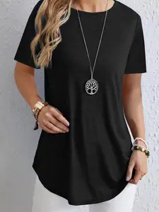 Women's Fashion Casual Back Button Design Short Sleeve T-Shirt, Round Neck Loose Fit Conceal Belly Curved Hem Top, Stylish Summer Wear Womenswear Style
