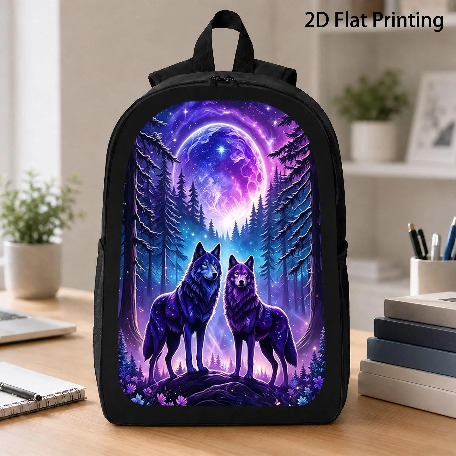 1pc 2D Flat Wolf-Themed Backpack Large Capacity 17-Inch Casual Backpack for Laptops with Water Bottle Holder - Lightweight And School Bag Perfect for Autumn Gifts Seasonal Home Decor Unisex, For Teenager