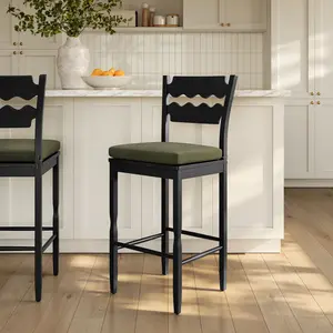 Jax Oak Wood Bar Stool With Wavy Razor Back and Cushion in Black Sage