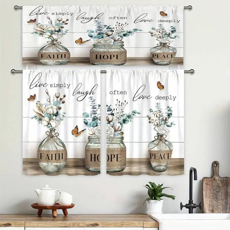 2/3pcs Sage Green Eucalyptus Leaves Kitchen Curtains And Valance Set 3pcs Kitchen Curtains Sets, Watercolor Flower Plant Rod Pocket Valance And Curtain Set, Office Living Room Bedroom Dining Room Home Decor
