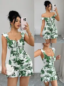 Women's Vintage Floral Print Ruched Hem Slim Fit A-Line Dress, Elegant Chic All-Over Print Style, Perfect for Special Occasions