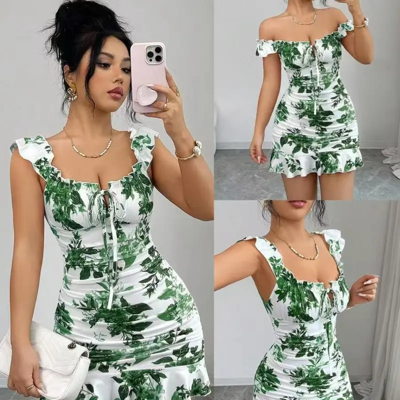 Women's Vintage Floral Print Ruched Hem Slim Fit A-Line Dress, Elegant Chic All-Over Print Pattern, Perfect for Special Occasions, Womenswear, Elegance, Fashion Printed Pattern