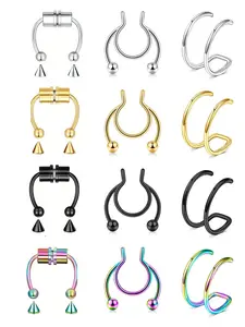 Punk Style Stainless Steel Fake Nose Rings Set, Magnetic Double Ball Design, No Piercing Needed, Unisex Body Jewelry Accessories