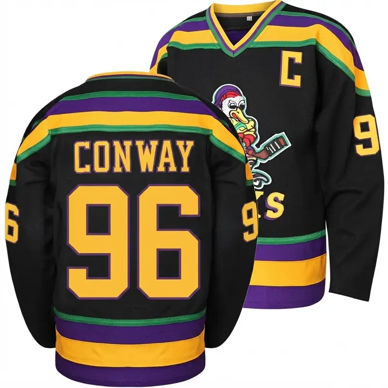 Mighty Ducks Jersey #96 Conway Jersey, Movie Ice Hockey Jersey, Custom Printed Letters and Numbers, Outdoors Christmas Eve Gifts Holiday Long Sleeves Round Neck