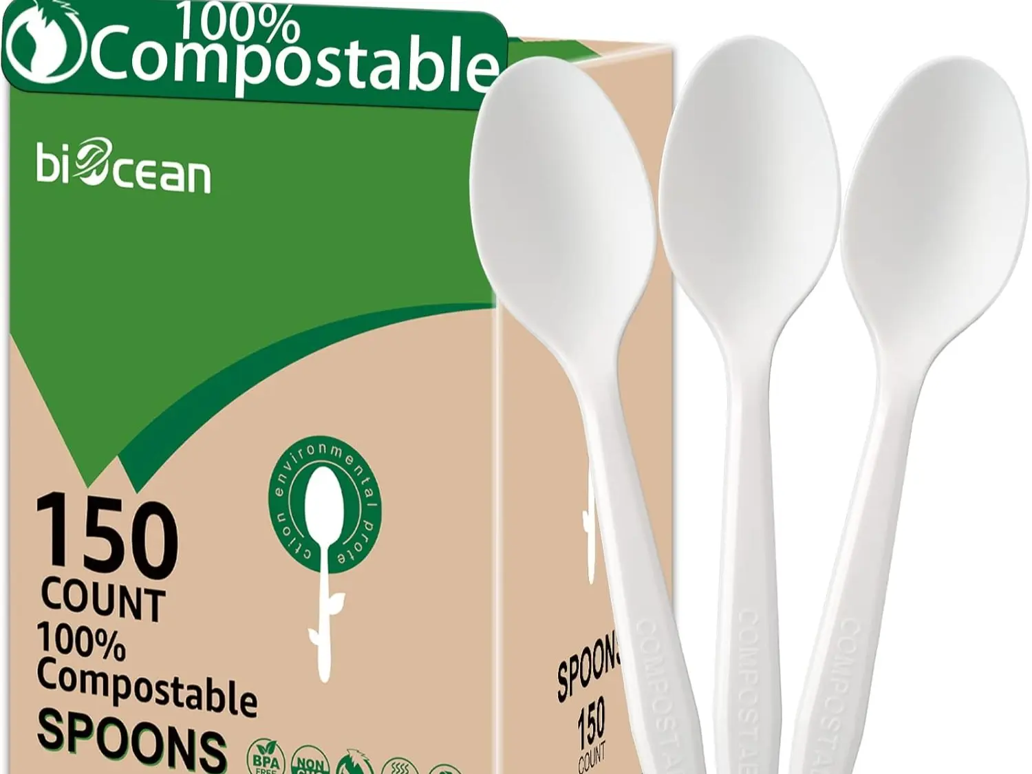 Bioclean 150 Count 100% Compostable Corn Starch Spoons BPA-Free Eco-Friendly Disposable Cutlery for Party Wedding BBQ Picnic Camping