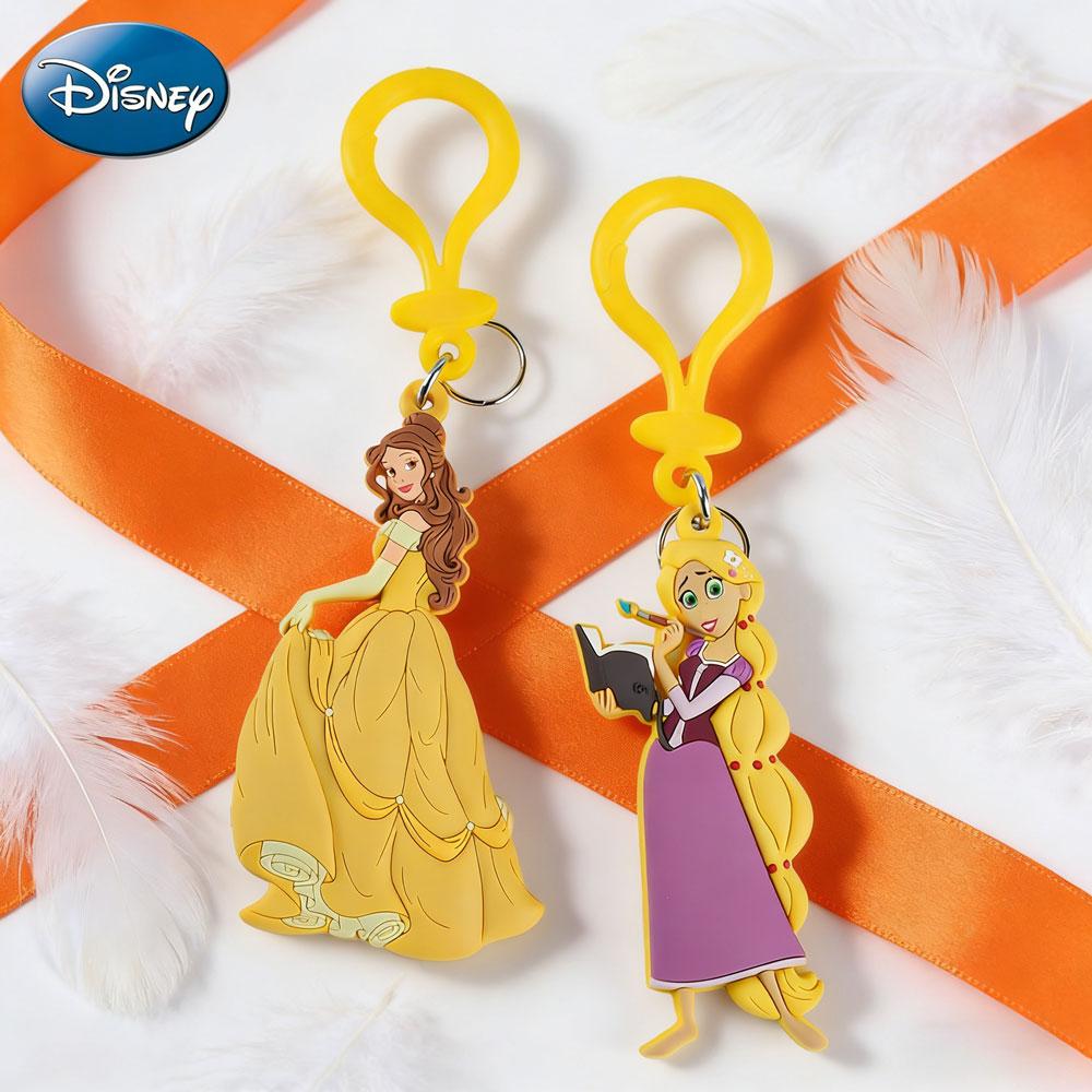 1PC Disney Princess Keychain Officially Licensed Collectible Belle Rapunzel Gorgeous Gown Dress Anime Peripheral Backpack Decoration Car key Pendant Desk Ornament Durable PVC Rubber Gift