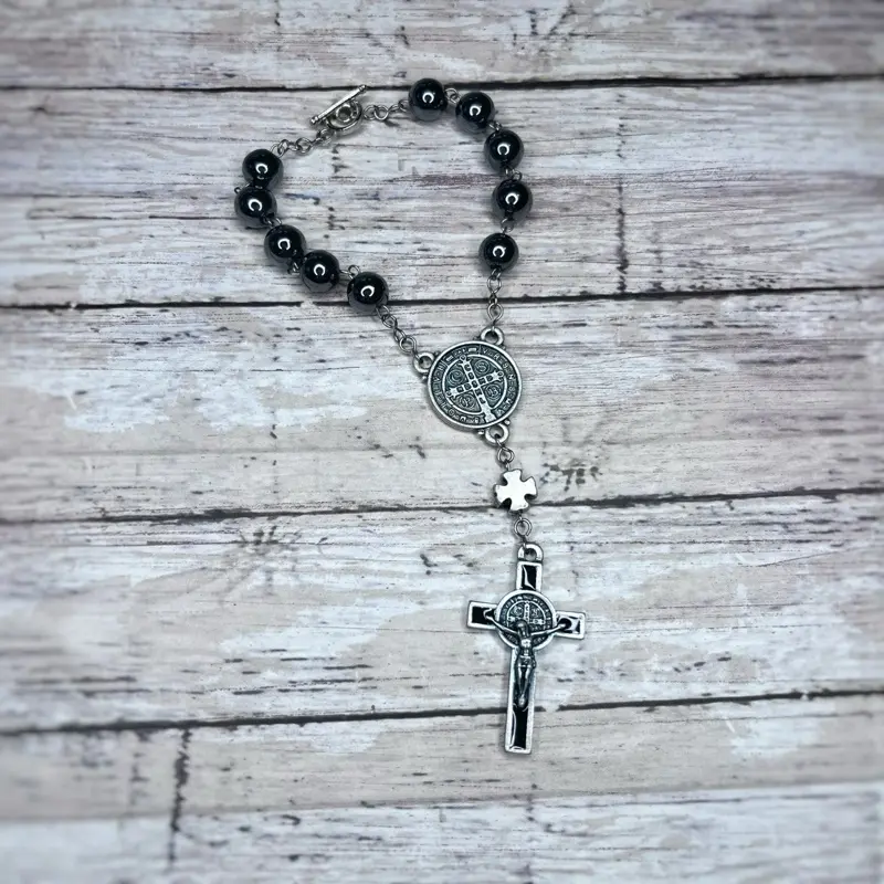 St. Benedict Car Mirror Decade Rosary 8mm Hematite Beads Auto Rosary Chaplet with St. Benedict Crucifix & Medal Centerpiece Durable Travel Friendly Made in Brazil