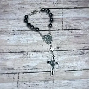 St. Benedict Car Mirror Decade Rosary 8mm Hematite Beads Auto Rosary Chaplet with St. Benedict Crucifix & Medal Centerpiece Durable Travel Friendly Made in Brazil