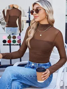 Women's Shiny Mesh Transparent Sheer Long Sleeve Patchwork Ruched Top Blouse, Sexy High Neck, Fashion Versatile Casual Inner Wear, Stylish and Comfortable