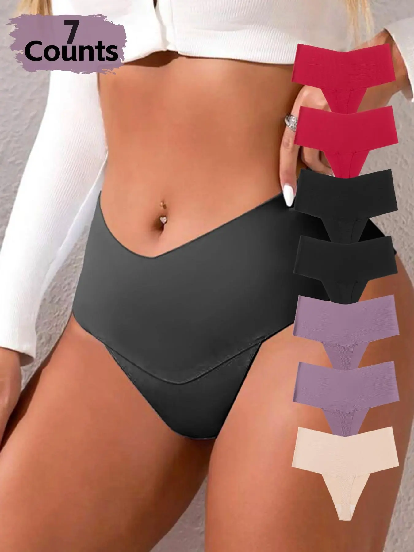 7-Pack Pearl Fabric Women's Underwear, Plus Size High Waist Panties Thongs, Breathable Ice Silk, Slim-Fit, All-Seasons, Casual Style