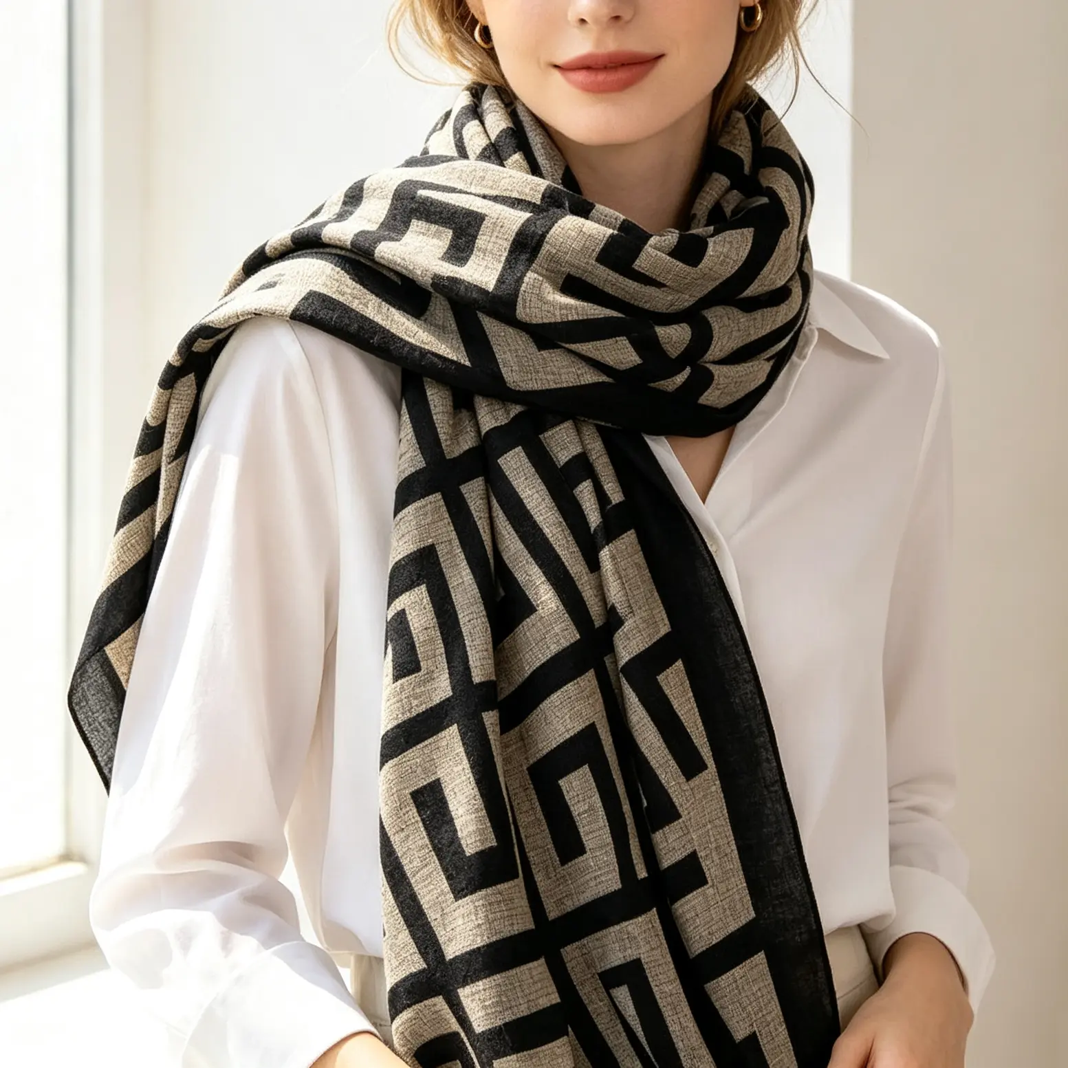 Women's Lightweight Geometric Floral Scarf - Formal Evening Dress Stylish Accessory, Summer Wrap, All Season Shawl, Female Daily Gift, Stylish Accessories, Oversized, Wedding, Neck Scarf, Gifts For Women, Soft Texture, Decorative Scarf, Loose Fit Shawl