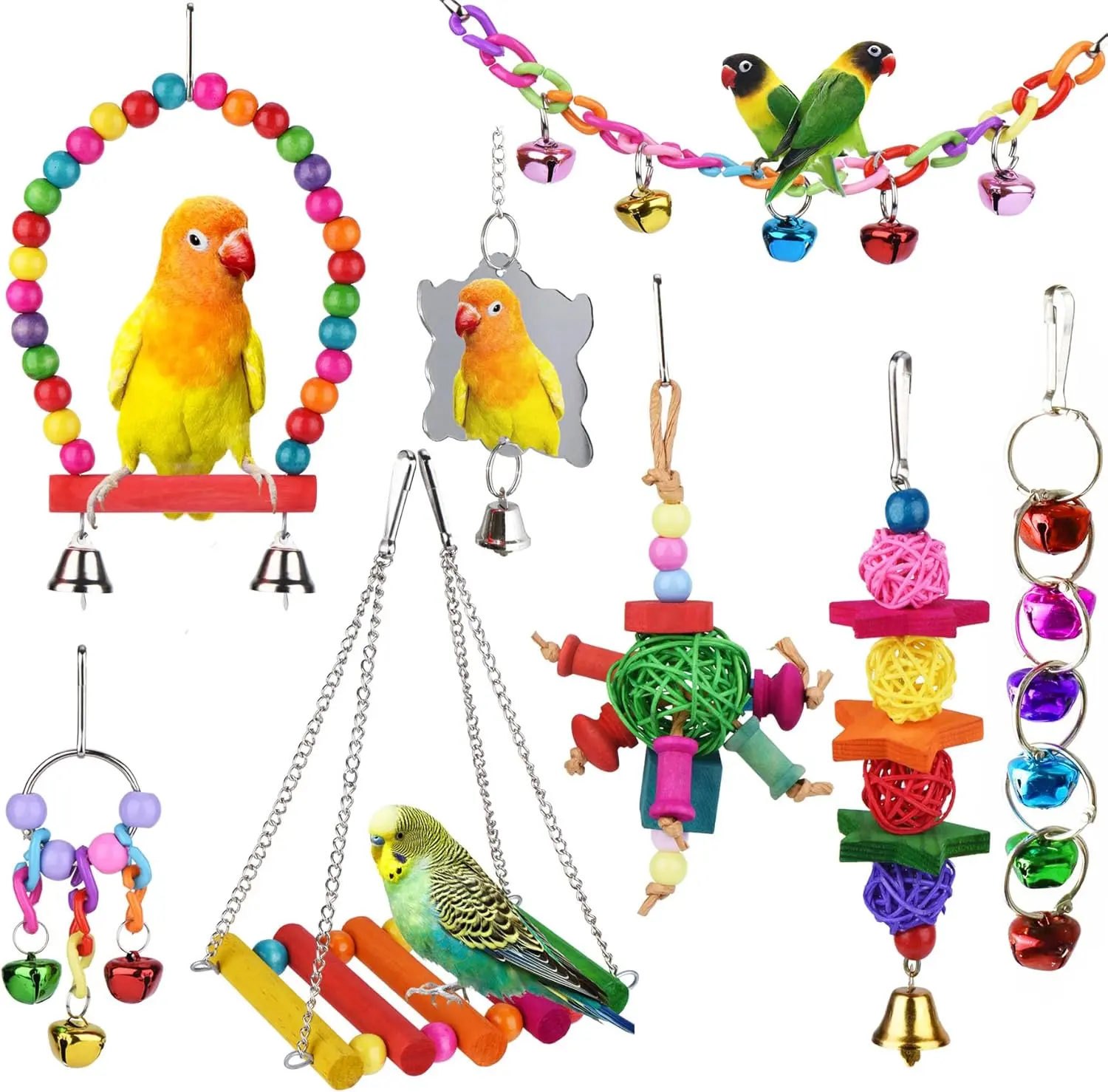 8-Piece Parrot Cage Toys Set - Chew Toys, Hanging Bells & Swing Accessories for Small Birds Parakeets Cockatiels Conures, Safe Wood & ABS Interactive Play Equipment