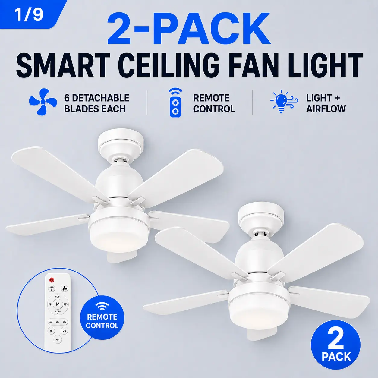 2-Pack 16.5-Inch Ceiling Fan with Light & Remote Control, E27 Screw-In Socket, 3-Speed Quiet Airflow, Adjustable LED Light, Timer Function, Fan for Bedroom, Home Improvement Lighting Accessory