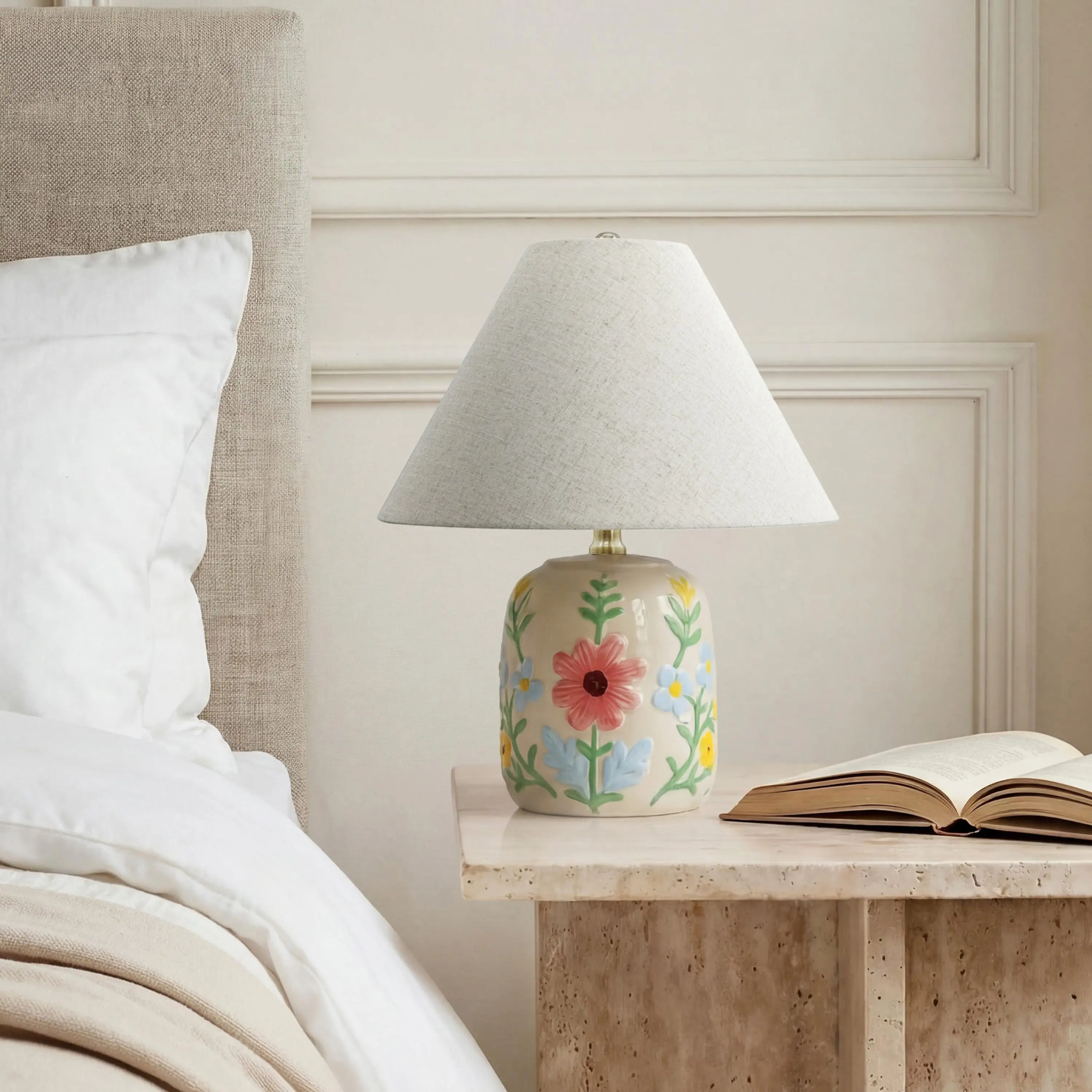 Rosalie Cream-Toned Floral Linen Ceramic Table Lamp - Flowers Accent Mood Lighting, AC Power Supply Fixture, 19"h x14"w x14"d, 6.1 lbs for Pink Decor Home Improvement Indoor Lighting, Table Lamps