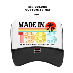 Custom BIRTHDAY Party Trucker Hat Personalized RETRO STRIPED Palm Tree Design Unisex Beach Tropical Bday Party Hats Fun Party Accessories Matching Group Hats Comfortable Durable Mesh Back Adjustable Snapback