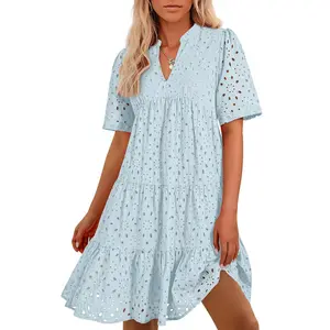Womens Boho Summer Dresses 2025 Resort V Neck Short Sleeve Hollow Out Lace Ruffle Casual Beach Mini Vacation Dress